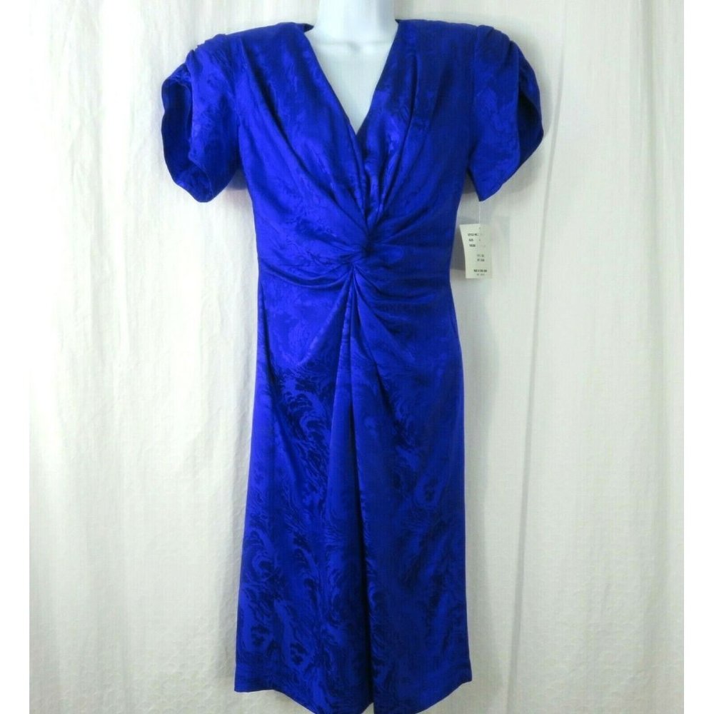 Vintage 80s Knee Length Silk Dress XS Purple Knotted Front Gathered Sleeve NWT